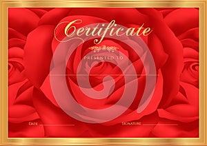 Certificate, Diploma of completion (Rose design template, flower background) with floral, pattern, border, frame.