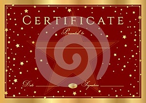 Certificate, Diploma of completion stars design template, red background