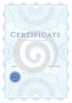 Certificate / diploma template. Blue background