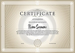 Certificate or diploma template in classic style. Certificate of complection of training