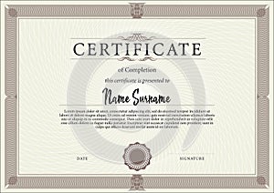 Certificate or diploma template in classic style. Certificate of complection of training