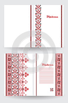 Certificate or diploma template with ethnic ornament pattern in white red black colors