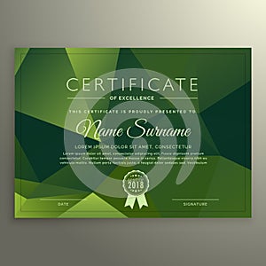 Certificate of excellence design with abstract green poly shapes