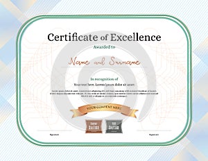 Certificate of excellence template with award ribbon on abstract