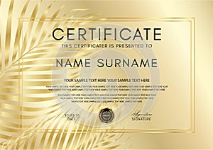 Certificate with gold palm leaf branch on golden background and golden black medal