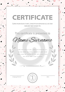 Certificate grunge trendy blob template. Pink hand drawn blots and black grey blob spatters for wedding card, mothers