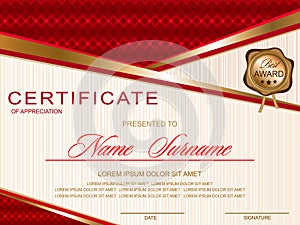 Certificate horizontal in a modern style, red and gold color