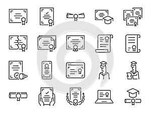 Certificate icon set. It included diploma, certificated, authorization, verification, and more icons. Editable Vector Stroke.