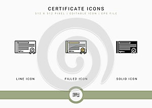 Certificate icons set vector illustration with solid icon line style. Winner award concept.