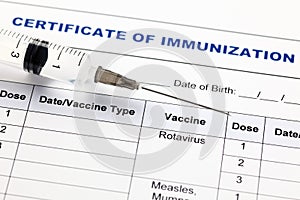 Certificate of immunization and syringe