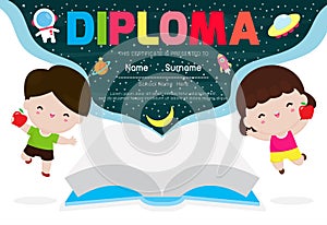 Certificate kids diploma, Appreciation Space Moon Theme Vector Template. Children Astronaut in Space Adventures education