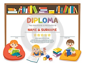 Certificate kids diploma. Happy kids read book and study together with multi colored bookshelf in library.