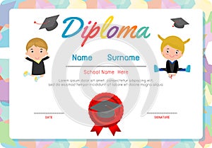 Certificate kids diploma, kindergarten template layout space background frame design vector. Diploma template for kindergarten