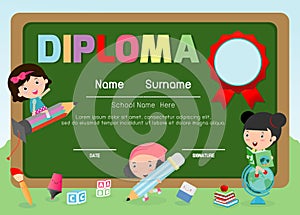 Certificate kids diploma, kindergarten template layout space background frame design vector. Diploma template for kindergarten