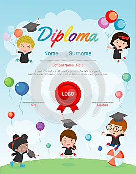 Certificate kids diploma, kindergarten template layout space background frame design vector. Diploma template for kindergarten