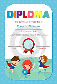 Certificate kids diploma, kindergarten template layout space background frame design vector. Diploma template for kindergarten