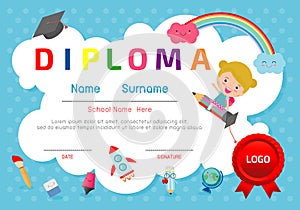 Certificate kids diploma, kindergarten template layout space background frame design vector. Diploma template for kindergarten