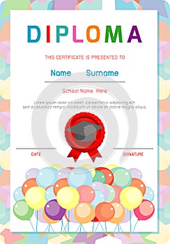 Certificate kids diploma, kindergarten template layout space background frame design vector. Diploma template for kindergarten