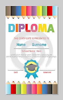 Certificate kids diploma, kindergarten template layout space background frame design vector. Diploma template for kindergarten