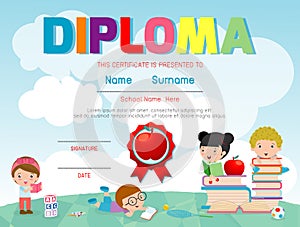 Certificate kids diploma, kindergarten template layout space background frame design vector. Diploma template for kindergarten