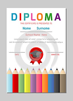 Certificate kids diploma, kindergarten template layout space background frame design vector. Diploma template for kindergarten