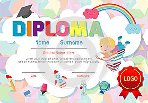 Certificate kids diploma, kindergarten template layout space background frame design vector. Diploma template for kindergarten