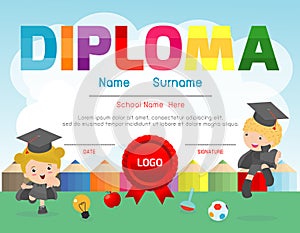 Certificate kids diploma, kindergarten template layout space background frame design vector. Diploma template for kindergarten