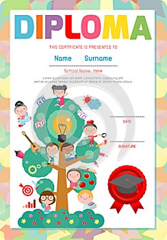 Certificate kids diploma, kindergarten template layout space background frame design vector. Diploma template for kindergarten