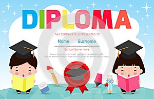 Certificate kids diploma, kindergarten template layout space background frame design vector. Preschool Kids Diploma