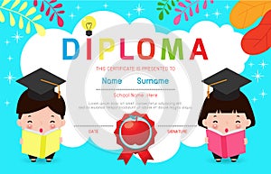 Certificate kids diploma, kindergarten template layout space background frame design vector. Preschool Kids Diploma