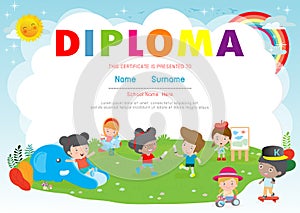 Certificate kids diploma, kindergarten template layout space background frame design vector. Preschool Kids Diploma, Certificate