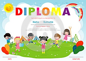 Certificate kids diploma, kindergarten template layout space background frame design vector. Preschool Kids Diploma, Certificate