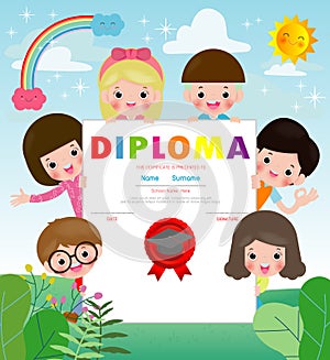 Certificate kids diploma, kindergarten template layout space background frame design vector. Preschool Kids Diploma, Certificate