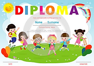 Certificate kids diploma, kindergarten template layout space background frame design vector. Preschool Kids Diploma, Certificate