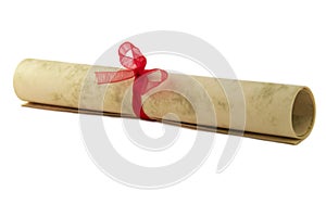 Certificate paper scroll isolated on white with bow. diploma or award document. Graduation, success achievement parchment with