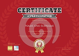 Certificate of participation in red sport theme with gold trophy