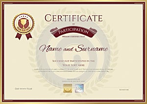 Certificate of participation in sport theme with gold trophy seal
