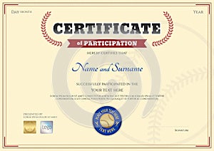 Certificate of participation template in baseball sport theme