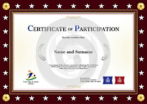 Certificate of participation template in sport theme for football event with red brown border