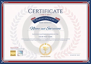 Certificate of participation template in sport theme with gold t photo