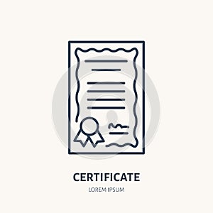 Certificate, patent vector flat line icon. License document sign