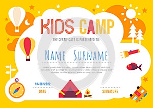 Certificate summer camp kids diploma, kindergarten template layout nature eco vector