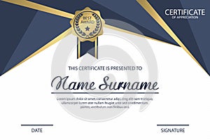 Certificate template. Appreciation diploma award with medal. Vector.