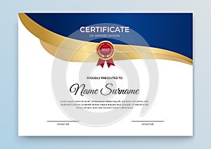 Certificate template blue and gold. Modern online course, diploma, corporate training certificate design