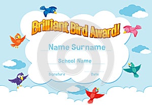 Certificate template for brillant bird award with birds flying in the sky