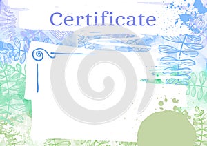 Certificate template for business design. Watercolor abstract frames, violet, green, blue gradient with leave.