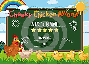 Certificate template for cheeky chicken award with chickens in background