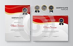 Certificate template. Diploma of modern design or gift certificate. Vector illustration in red and gold color theme