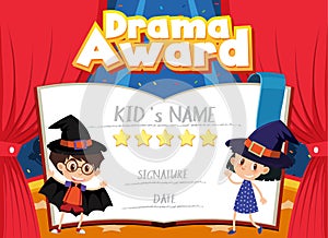 Certificate template for drama award with kids on stage