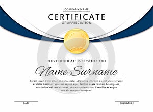 Certificate template in elegant black and blue colors. Certificate of appreciation, award diploma design template